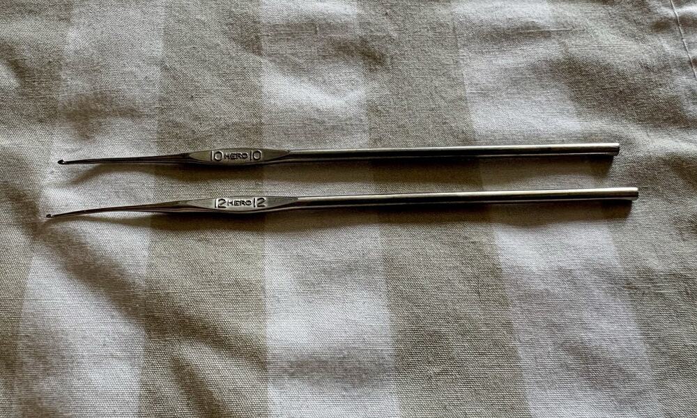 Vintage Hero Crochet Hook Set of 2 Sizes 10 and 12 Made In USA Steel